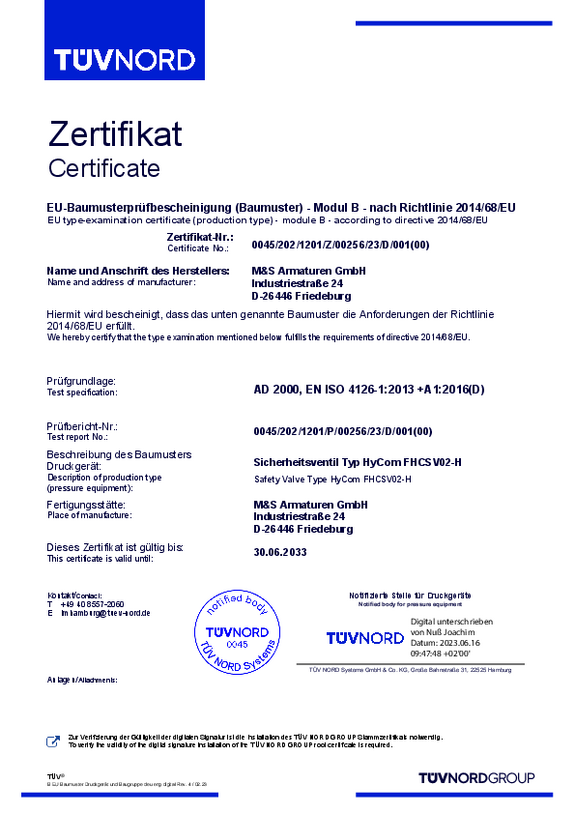 Zertifikat EU-Baumusterprüfbescheinigung Modul-B Sicherheitsventil HyCom Zertifikat EU-Baumusterprüfbescheinigung Modul-B Sicherheitsventil HyCom
