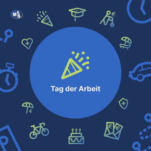 M&S Tag der Arbeit 2026 Text: Tag der Arbeit, Icons: Benefit-Icons unserer Firma