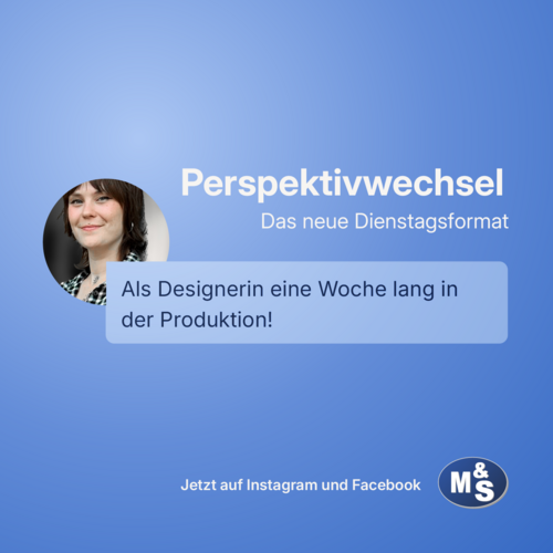 Text:"Perspektivwechsel – Das neue Dienstagsformat", Avatar mit Sprechblase - Text: "Als Designerin eine Woche lang in der Produktion!", Text:"Jetzt auf Instagram und Facebook", Logo von M&S Armaturen GmbH